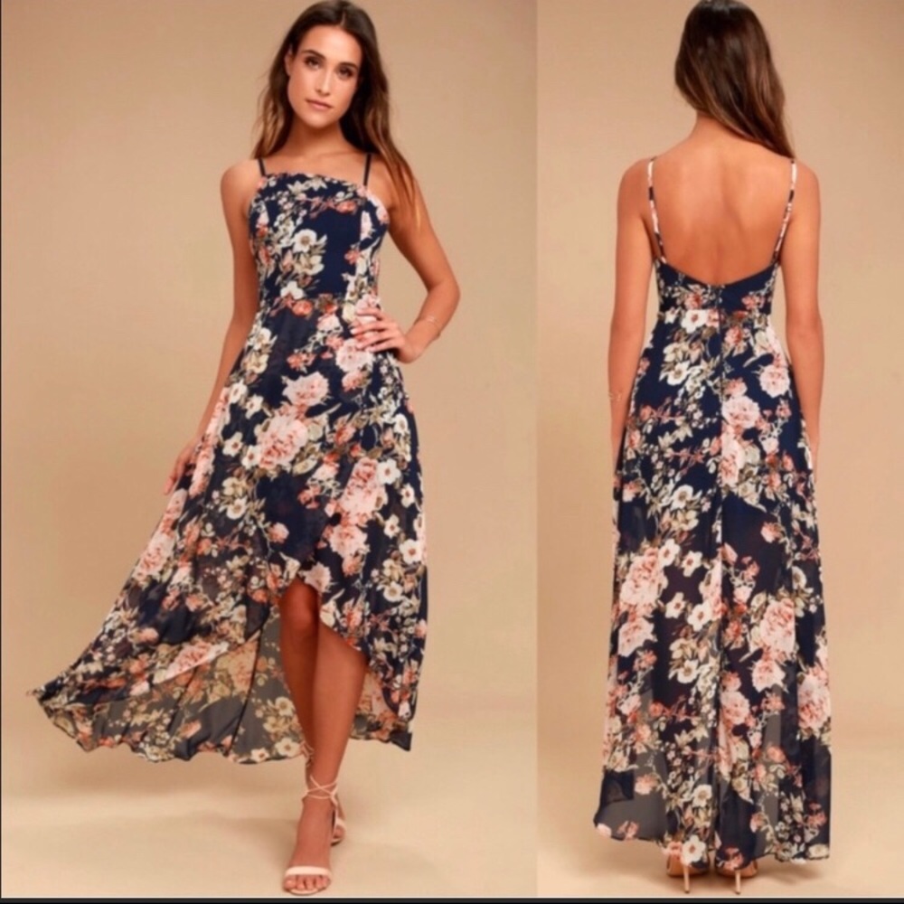 NWT Lulus Reflection Navy Blue Floral Print High-Low Dress Size X-Large